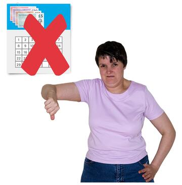 A woman has her thumbs down next to a calendar with money on it and a red cross over it