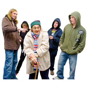 A group of young men in hoodies are taunting an old woman with a walking stick