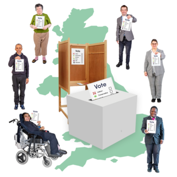 A map of the UK with people standing around it showing their plans for change. In the middle is a voting booth, a ballot paper and a ballot box
