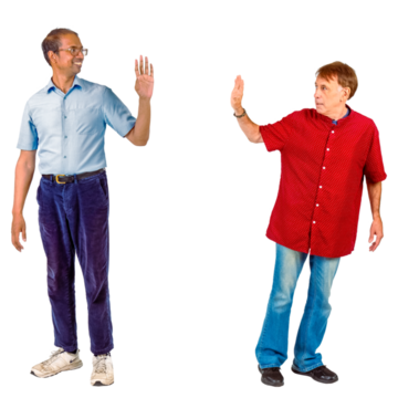Two men walking in opposite directions waving goodbye to each other