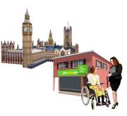 The Houses of Parliament next to the Job Centre with a woman in a wheelchair talking to a woman in a suit