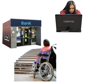 A woman in a wheelchair looking at steps leading to a bank, and a photograph of a girl looking confused at a computer