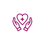 A pair of hands cupped around a heart with a healthcare cross symbol in the centre.