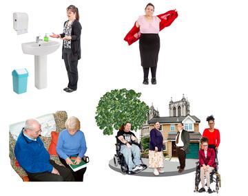 Support workers and social care workers helping with managing money, getting dressed, washing and going out in the community
