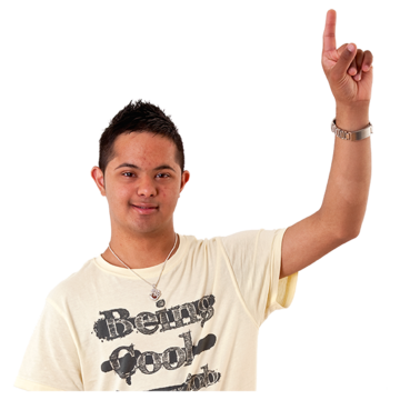 A young man with Down syndrome has his hand up to asking something