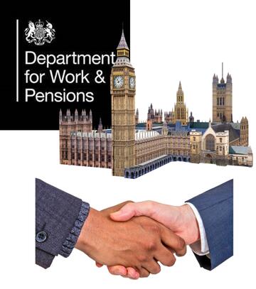 A pair of shaking hands, the houses of parliament and the Department for Work and Pensions logo