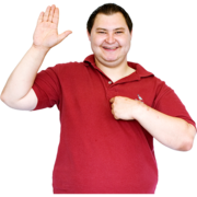 A man in a red shirt holding up his hand and pointing to himself with the other