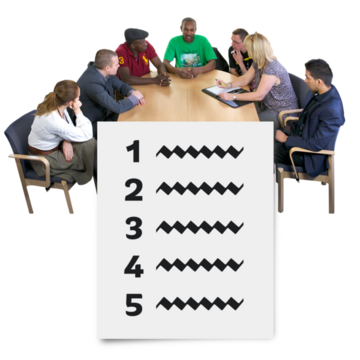 A group of people around a large meeting table and a list of things on a piece of paper