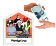 A hand giving another hand some money next to a picture of different people doing different types of work