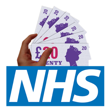 A hand holding lots of £20 notes over the NHS logo