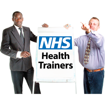 Two people either side of a flipchart which says NHS Health Trainers