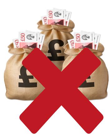 Three money sacks with a red cross over them