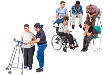 A group of people with different disabilities look sad as another person is being given support
