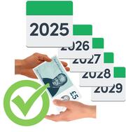 Calendar dates of 2025 to 2029 are behind a hand which is giving another hand some money - all have a green tick next to them