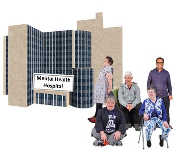 A picture of the outside of a Mental health hospital with a group of people next to it