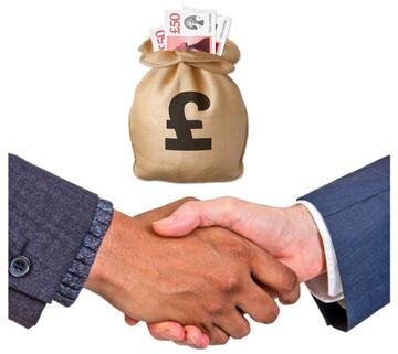 A pair of different arms shaking hands underneath a bag of money