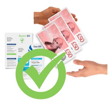 A gas and an electricity bill next to a hand passing £150 into another hand - all have a green tick over them