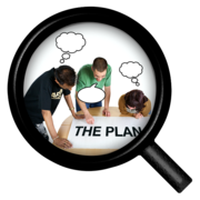 A picture under a magnifying glass of a group of people looking and discussing a plan