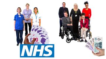 A group of NHS health workers and a hand with lots of money in it, next to a group of social care workers with a small handful of money