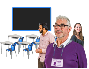 A man with a Headteacher ID badge stands in front of two other people in a classroom