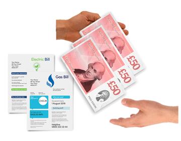 A gas and an electricity bill next to a hand passing £150 into another hand