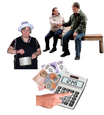 Two men meeting on a bench, a woman cooking and a calculator being used to add up money