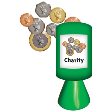 A charity collection box with coins going into it