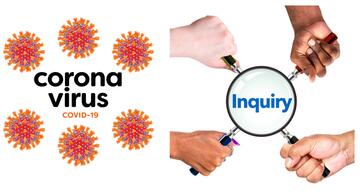 The Coronavirus drawing next to four different hands holding a magnifying glass