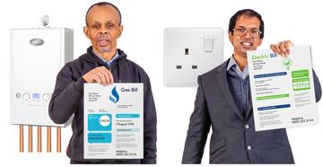 Two men holding up energy bills. One is a gas bill the other is an electricity bill