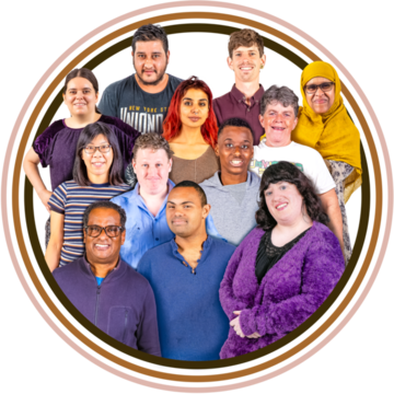 A dozen people of different ethnicities standing together enclosed in three circles