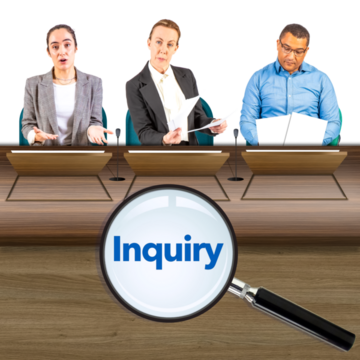 Three people sitting behind a bench with the word inquiry on the front of it