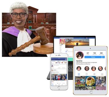 A judge with a hammer outside the court building next to devices with social media apps on them
