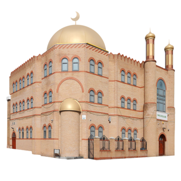 A light stone coloured Mosque with a gold dome and crescent mood on top