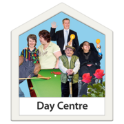 Graphic of a day centre. The picture shows several people with a learning disability enjoying a range of hobbies. 