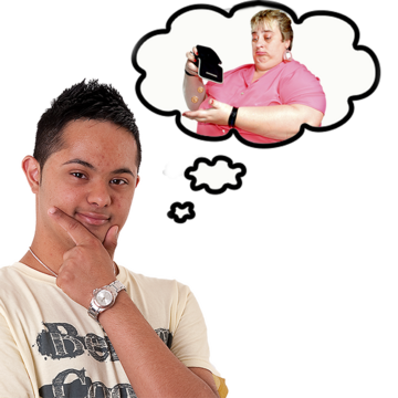 A man with a thought bubble above his head with a picture of a woman showing she has no money.