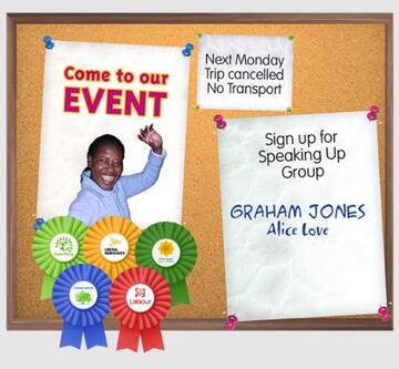 A notice board with an advert poster on it for an event with rosettes of 5 political parties on it.