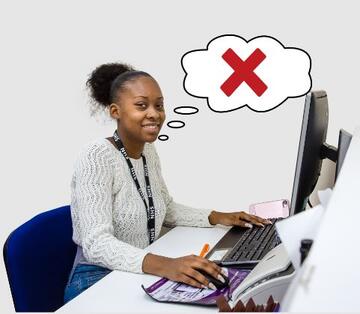 receptionist sitting at a PC screen with a think bubble showing she doesn't understand