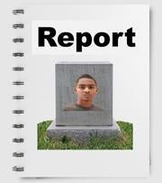 The front cover of a report which has a picture of a gravestone with a persons head and shoulders on it