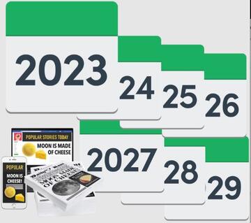 A pile of newspapers and yearly calendars from 2023 to 2029