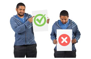 A man holding up a letter with a tick on it and another picture of the same man holding up a letter with a red cross on it