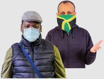 A man with a shop bought face covering and a man using a scarf as a face covering