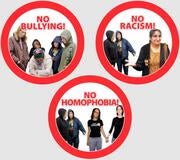 Three red circles. One says no bullying, another says no racism and the third one says no homophobia