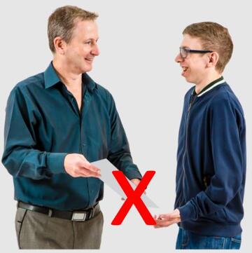 A picture of a man giving another man a piece of paper with a red cross over it