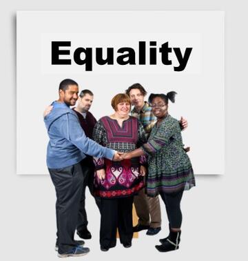 A group of people holding hands under a sign which says Equality