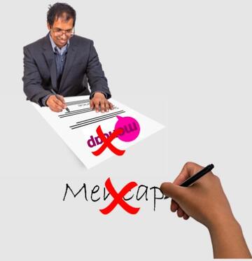 A picture of a man writing a letter using the Mencap logo with a red cross over it and a hand writing the word Mencap which also has a red cross over it