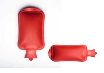 An upside down hot water bottle and a hot water bottle lying flat.