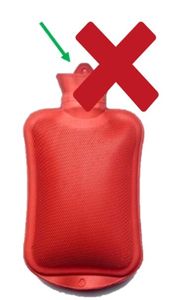 A cross beside an arrow pointing to the top of a hot water bottle.