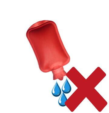A cross beside an upside down hot water bottle with water coming out of it.