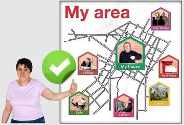 A woman with her thumbs up next to a map of the local area and the council services near someone's home