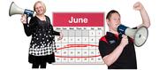 Two people with megaphones beside the June page from a calendar which has the third week of the month circled in red pen.